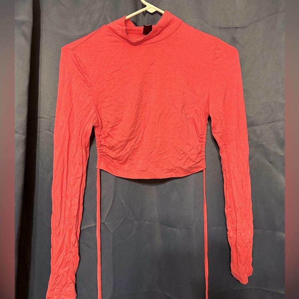 Shein BAE mock neck self-tie open-back crop top